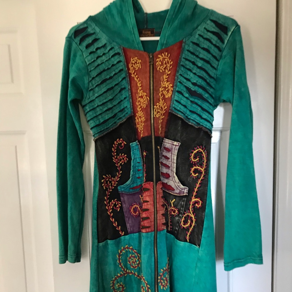 Teal hooded boho sweater by Rising International
